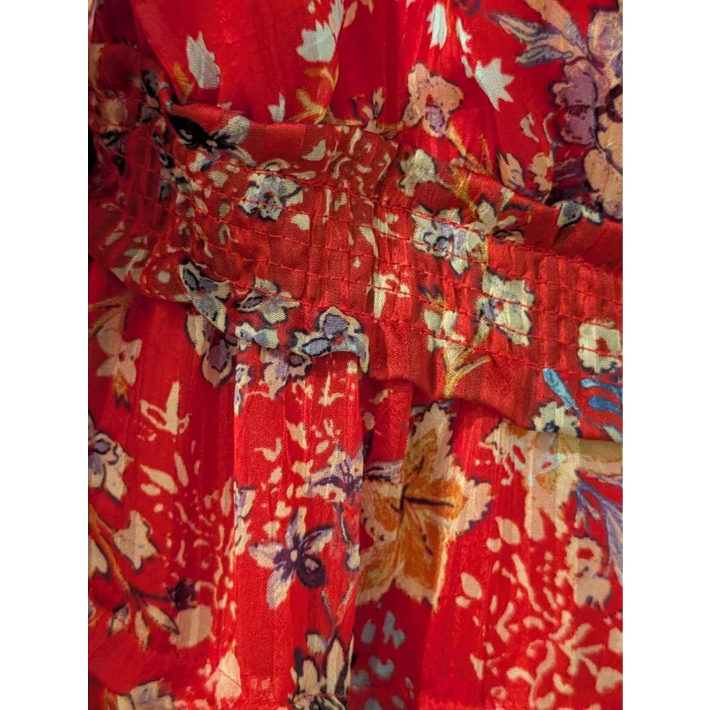 Women's Free People M Red Floral Long Sleeve Ruffle Mini Dress - Picture 3 of 12